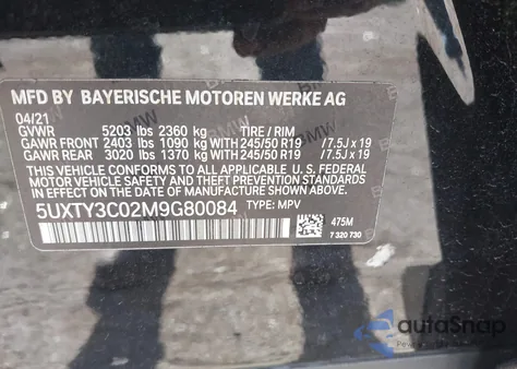 2021 BMW X3 Sdrive30I из США, поврежденный, VIN 5UXTY3C02M9G80084